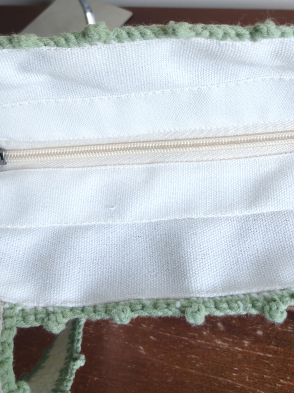 Handmade  White Canvas Bag with Mint Green Crochet Trim crochet shoulder bag - Picture 10 of 10